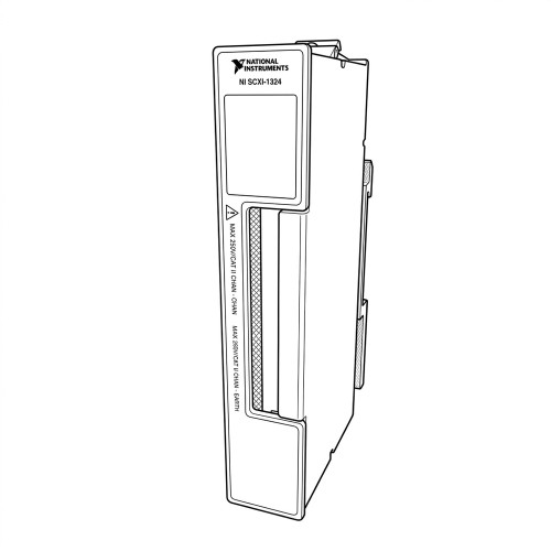 Line art illustration: National Instruments NI SCXI-1324 high-voltage terminal block, with model and voltage ratings on its front