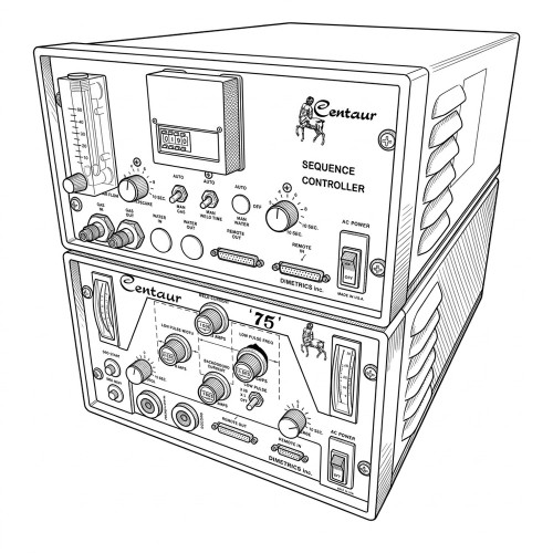 Line art illustration: Stacked orbital welding sequence controllers with meters, digital displays, knobs, switches, and ports
