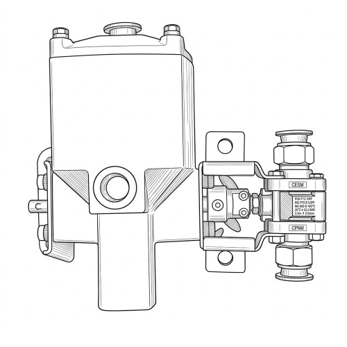 Line art illustration: pneumatic actuator mounted to a three-piece ball valve with brackets