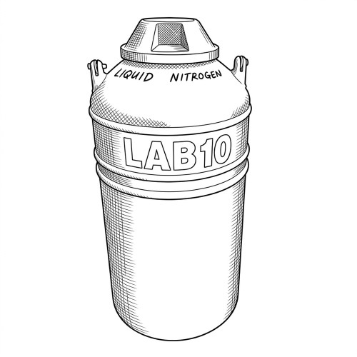 Line art illustration: Cryogenic dewar with a lid, side handles, labeled 'LIQUID NITROGEN' and 'LAB10'