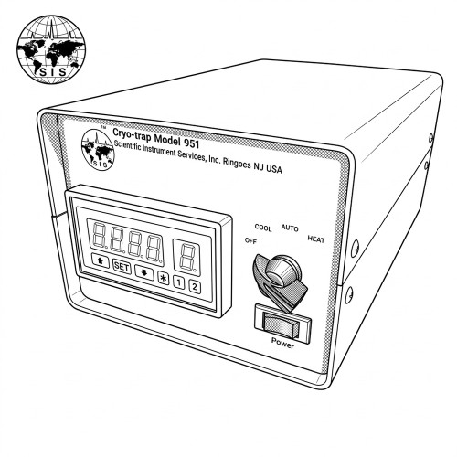 Line art illustration: SIS Cryo-trap 951 controller with digital display, buttons, mode selector, and power switch