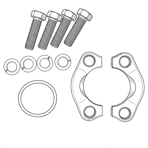 Line art illustration: split flange kit with bolts, washers, O-ring and two halves