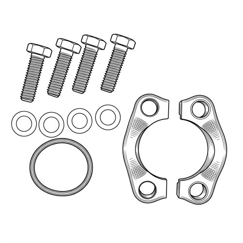 Line art illustration: split flange kit with bolts, washers, O-ring and clamp halves