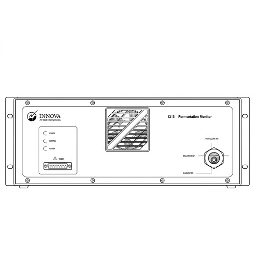 Line art illustration: Innova 1313 Fermentation Monitor with status lights, RS-232, fan, and various connection ports