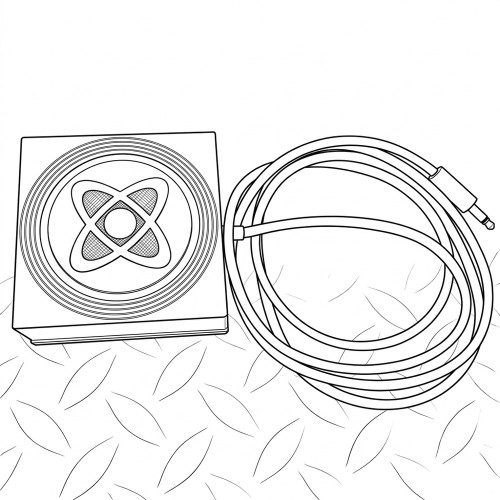 Line art illustration: Submersible magnetic stirrer plate with a central symbol, next to a coiled cable with a jack