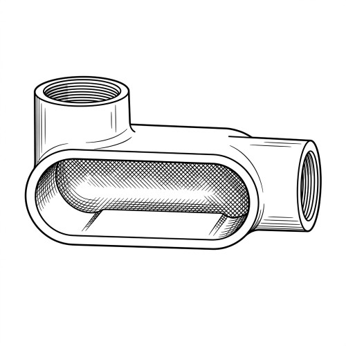 Line art illustration: Conduit body with top and right-end threaded hubs, revealing its internal chamber