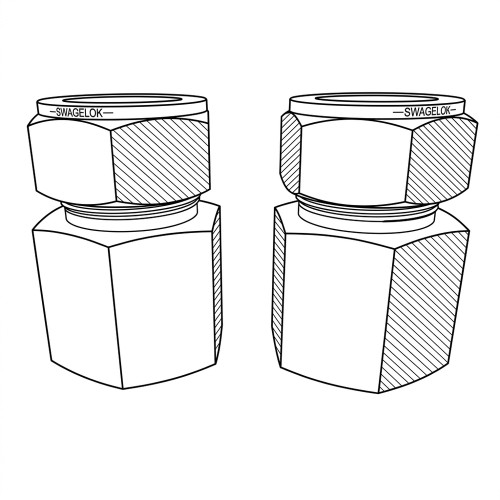 Line art illustration: Two Swagelok tube fittings, each with a hexagonal nut and a hexagonal connector body