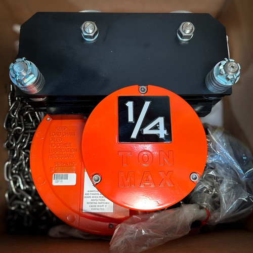 Close-up of the CM Cyclone 646 Trolley Hand Chain Hoist - 1/4 Ton, 10ft Lift from Obtainium Science and Surplus, showing the orange hoist body with a bold "1/4 TON MAX" label.