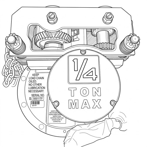 Line art illustration: Hand chain hoist showing internal gears, load chain, and 1/4 ton max capacity label