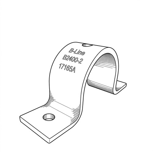 Line art illustration: Strut pipe clamp with curved body, flat mounting flanges, and identifying text