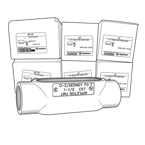 Line art illustration: Six Appleton 1-1/2-inch Grayloy Type C conduit bodies in boxes, one visible with labels