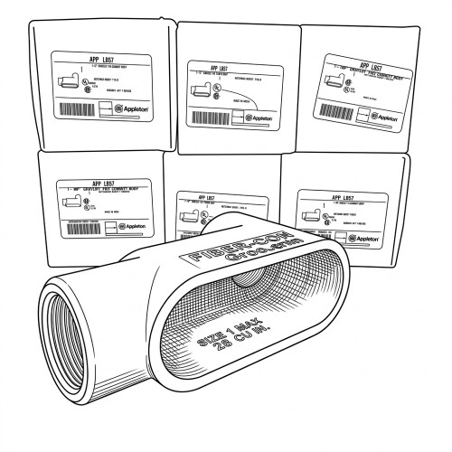 Line art illustration: Six Appleton APP LB57 conduit body boxes and a single "FIBER-CON" conduit body in the foreground