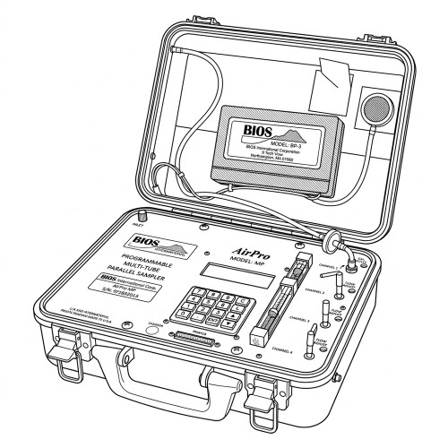 Line art illustration: Open AirPro MP multi-tube sampler kit showing control panel, keypad, flow meter, and attached pump