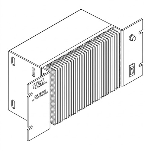 Line art illustration: TPL rack-mount RF power amplifier with heat sink, front panel, and power switch