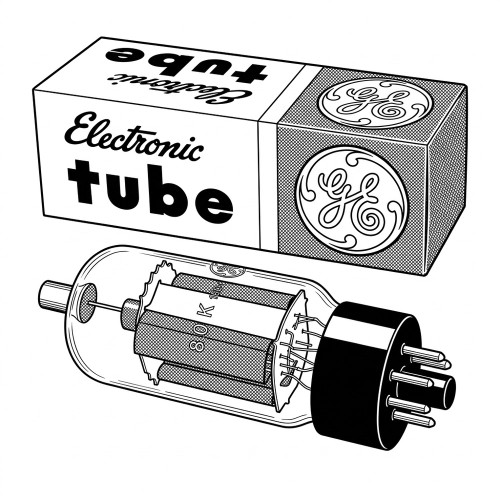 Line art illustration: GE vacuum tube box and the tube revealing internal elements and pin base