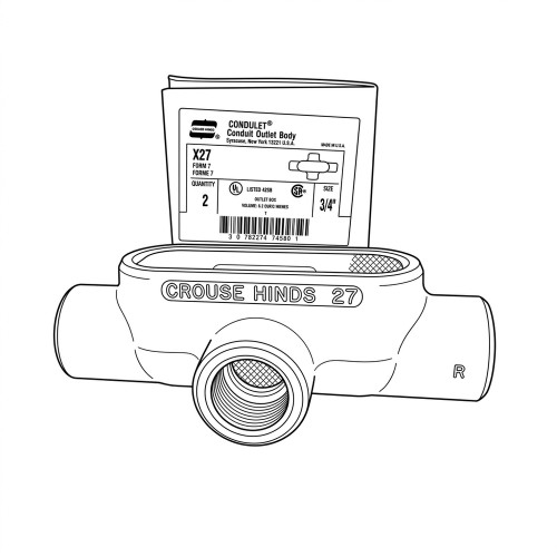 Line art illustration: X27 cross conduit body with its carton label behind it