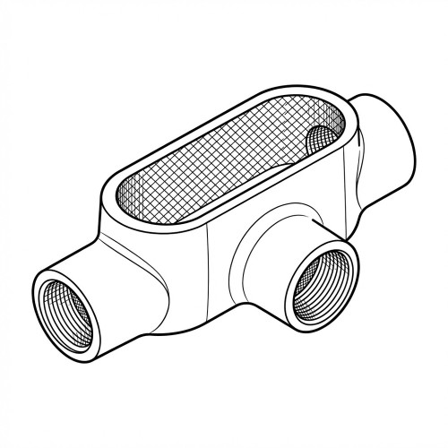 Line art illustration: T-shaped conduit body with three threaded ports and an open access top