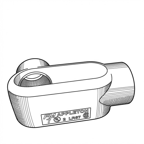 Line art illustration: Appleton LR-type conduit body with an open end, a top access opening, and visible branding