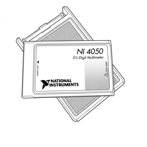 Line art illustration: National Instruments NI 4050 5½-Digit Multimeter PCMCIA card with logo and 250V MAX warning