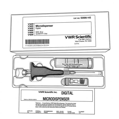 Line art illustration: A VWR Digital 50µl Microdispenser, its box, replacement tubes, and small tool