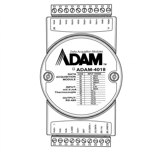 Line art illustration: ADAM-4018 data acquisition module showing multi-channel screw terminals and input settings table