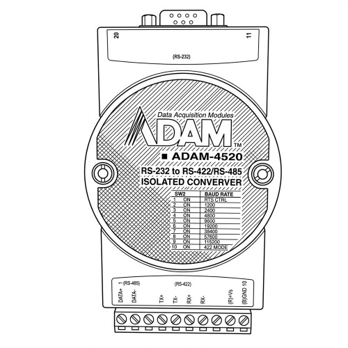 Line art illustration: ADAM-4520 isolated converter: RS-232 DB9, RS-422/485 terminal block, and baud rate settings table