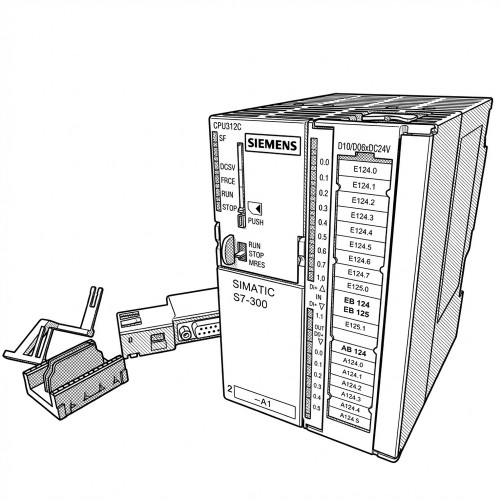 Line art illustration: Siemens SIMATIC S7-300 CPU312C module with status indicators, input/output ports, and a disconnected connector
