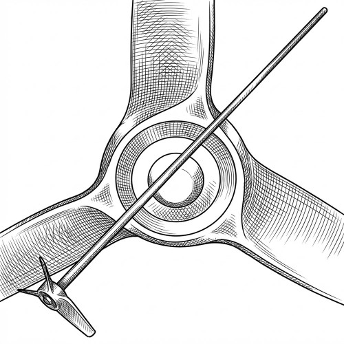 Line art illustration: A three-bladed mixer impeller with a central hub and a long shaft