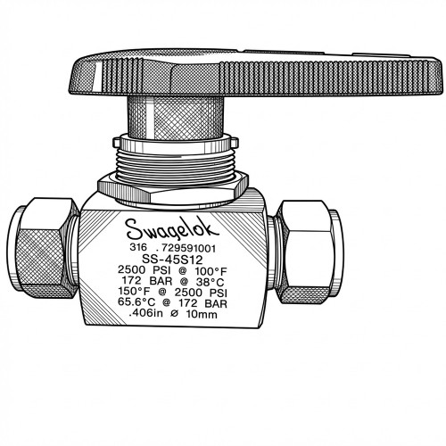 Line art illustration: Swagelok ball valve showing operating handle, main body, and two compression tube fittings