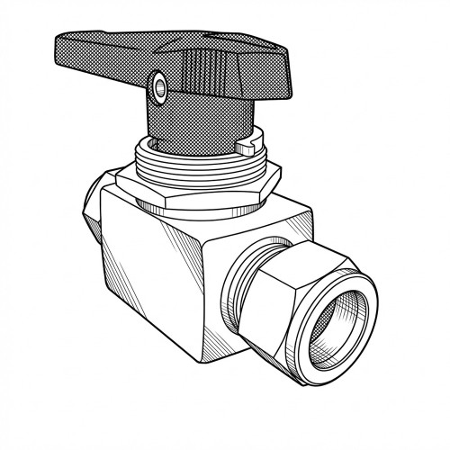 Line art illustration: Swagelok ball valve with a top handle, square body, and a threaded pipe connection