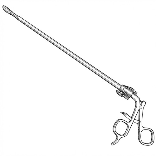 Line art illustration: Laparoscopic grasper with a long shaft, rotating mechanism, finger loops, and diamond jaws