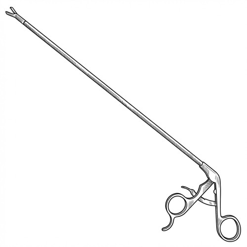 Line art illustration: Long, thin forceps with serrated alligator jaws, a locking mechanism, and finger rings