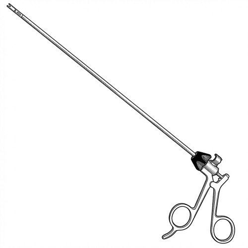 Line art illustration: Long knot pusher with a slender shaft, rotating grip, and scissor-like finger rings