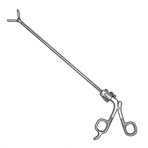 Line art illustration: Laparoscopic surgical clamp with a scissor-style handle, long shaft, and grasping jaws