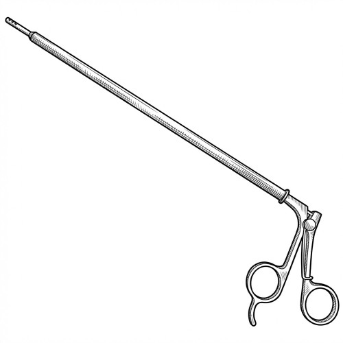 Line art illustration: Grasping extracting forceps with a long shaft, multi-hole tip, and scissor-loop handle