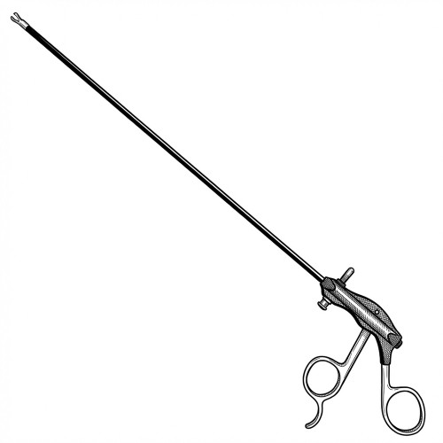 Line art illustration: Biopsy forceps: long shaft, double pin jaws, and a scissor-grip handle