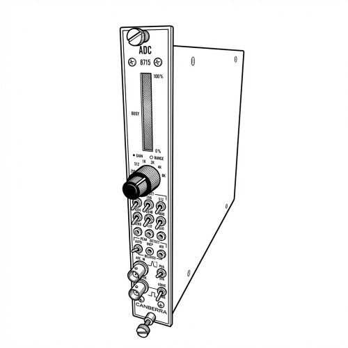 Line art illustration: ADC 8715 module with busy meter, gain/range knob, toggle switches, and BNC connectors