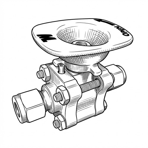 Line art illustration: Stainless steel ball valve with disc handle, bolted body, and Swagelok tube fitting ends