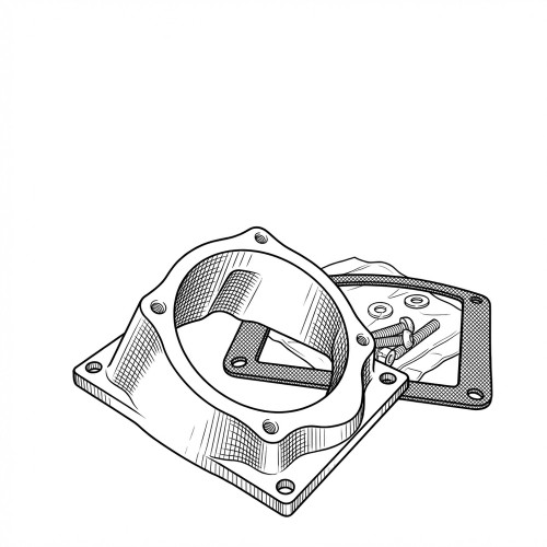 Line art illustration: angle adapter with a gasket and a bag of screws