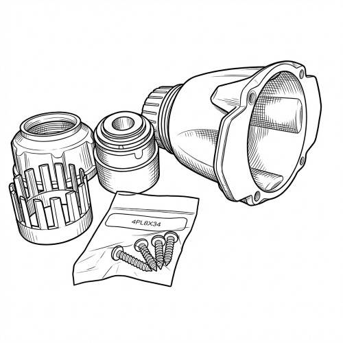 Line art illustration: Meltric poly handle assembly: main body, two cylindrical components, and a bag with screws