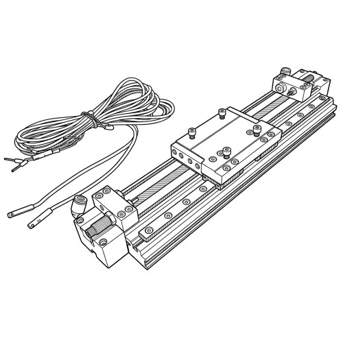 Line art illustration: Rodless linear actuator with moving carriage, limit switches, and coiled wires
