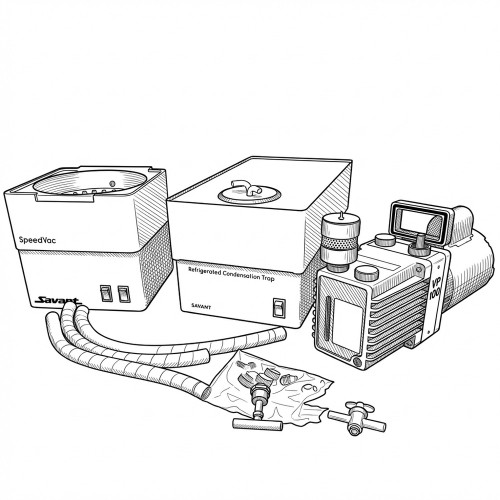Line art illustration: Savant SpeedVac, Refrigerated Condensation Trap, VP100 Vacuum Pump, hoses, and fittings