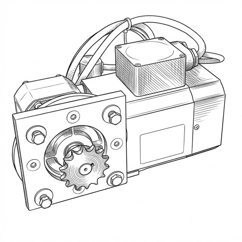 Line art illustration: Angled gearmotor with a front sprocket, motor body, terminal box, and connecting cables