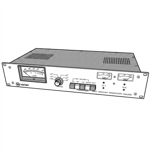 Line art illustration: Varian 843 Vacuum Ionization Gauge Controller; includes large gauge, range knob, control buttons, two smaller gauges