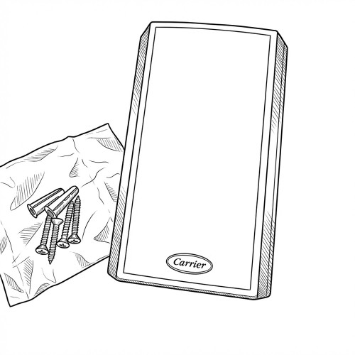 Line art illustration: Carrier space sensor and mounting hardware: screws and wall anchors in a bag