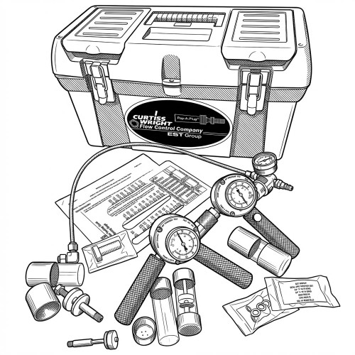 Line art illustration: Curtiss-Wright G-150 tube testing kit: guns with gauges, hoses, seals, adapters, and case