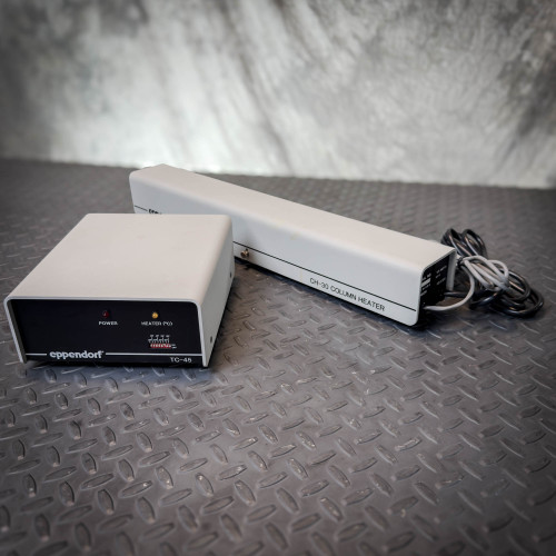 Eppendorf CH-30 Column Heater with TC-45 Temperature Controller from Obtainium Science and Surplus, shown together on a textured metal surface.