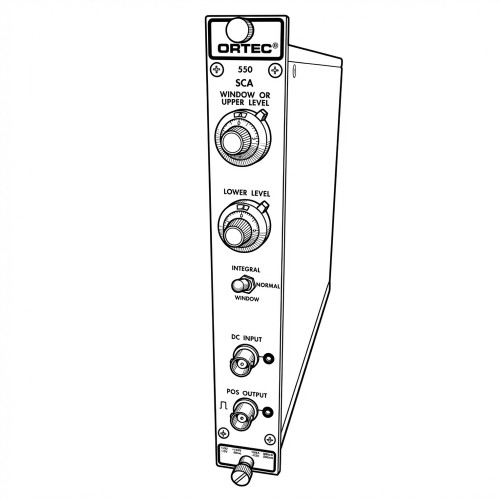 Line art illustration: Ortec 550 SCA module: upper/lower level knobs, integral/window switch, DC input, POS output