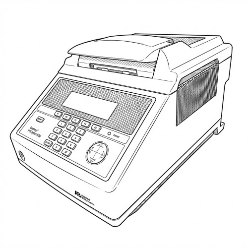 Line art illustration: GeneAmp PCR System 9700 thermocycler with control panel, screen, keypad, and sample block lid