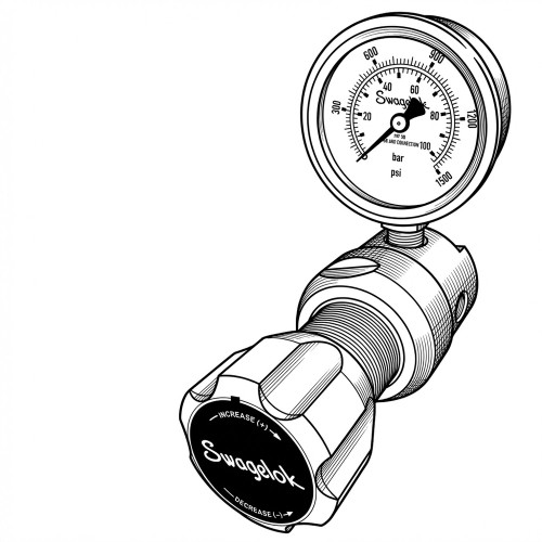 Line art illustration: Swagelok back-pressure regulator featuring a top-mounted pressure gauge and bottom adjustment knob
